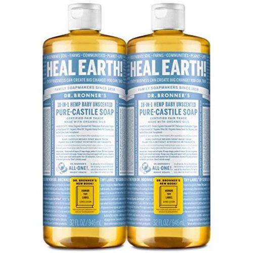 Dr. Bronner’s - Pure-Castile Liquid Soap (Baby Unscented, 32 ounce, 2-Pack) - Made with Organic Oils, 18-in-1 Uses: Face, Hair, Laundry and Dishes, For Sensitive Skin and Babies, No Added Fragrance