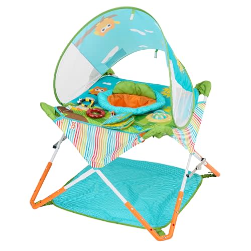 Bright Starts Pop 'N Jump Portable Activity Jumper, Indoor/Outdoor Use, Owl Forest with 4 Sensory Toys, Ages 6-12 Months