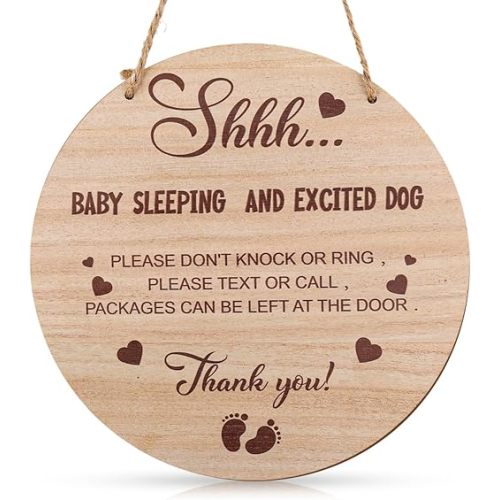 Shhh Baby Sleeping Door Sign, 10 Inch Do Not Knock or Ring Doorbell Wooden Baby Sleeping Hanging Sign Plaque with Hemp Rope Door Hanger for Front Door Nursery Bedroom Baby Room