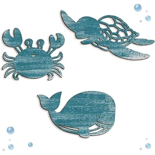 Kas Home 3Pcs Sea Animal Wall Decor - Turtle, Crabs & Whale | Wood Marine Life Sculpture, Watercolor Beach Theme for Children's Room, Nursery, Bathroom, Bedroom, Ready to Hang (Blue-Turtle, 8.6" x 13.7")