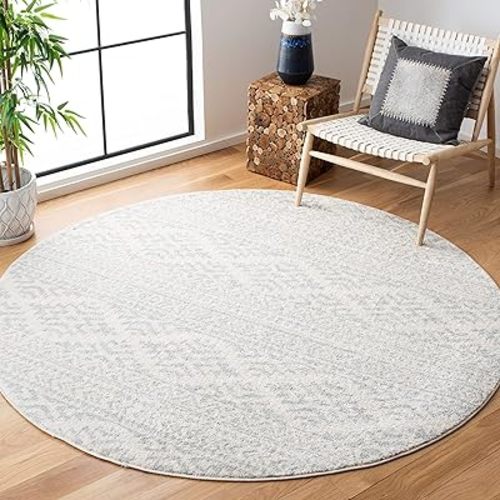 SAFAVIEH Tulum Collection Area Rug - 3' Round, Ivory & Light Grey, Moroccan Boho Tribal Design, Non-Shedding & Easy Care, Ideal for High Traffic Areas in Living Room, Bedroom (TUL272G)