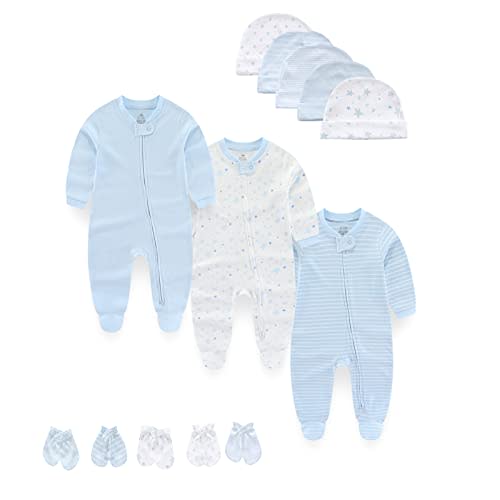MAMIMAKA Baby Boy Girls Clothes 2-Way Zip Footed Long Sleeve 100% Cotton Baby Pajamas,Newborn Caps and Scratch Mittens Set
