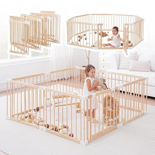 Wooden Playpen & Play Yards for Babies and Toddlers, 57 * 57inch Foldable Wood Baby Play Fence with Locking Gate, Kids Activity Area Center Indoor Outdoor, Pinewood