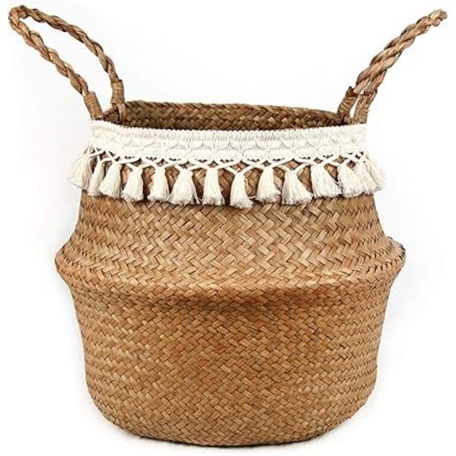 Boho Woven Seagrass Belly Basket for Storage Plant Basket or Toy Basket Living Bathroom (Large, Beige)