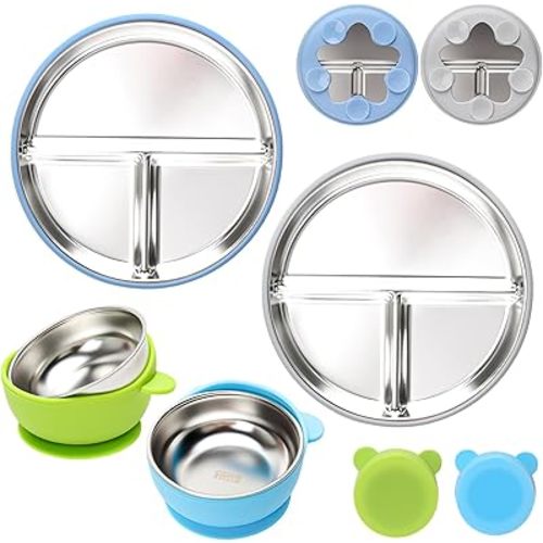 Stainless Steel Baby Plate and Bowls with Suction, Divided Kids Baby Plate and Toddler Bowl with Removable Silicone Suction, Non-Slip Baby Feeding Set Dishwasher Safe,4 Packs