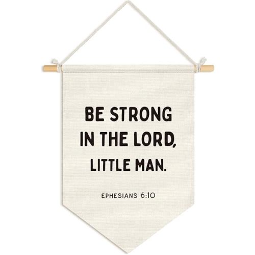 Wheatwin Christian Nursery Decor, Christian Wall Decor for Toddler Baby Little Boys Bedroom Playroom，Be Strong in the Lord Little Man Bible Verse Wall Hanging Pennant Flag Banner, 15x11 Inch
