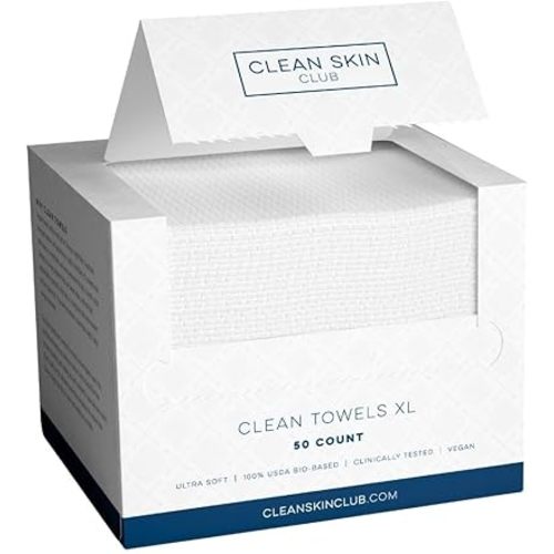 Clean Skin Club Clean Towels XL, 100% USDA Biobased Dermatologist Approved Face Towel, Disposable Clinically Tested Face Towelette, Facial Washcloth, Makeup Remover Dry Wipes, 100 ct, 2 pack