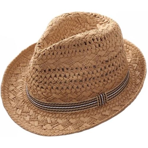 Kids Straw Fedora Panama Hat Toddler Short Brim Summer Sun Beach Cap Western Trilby Derby Jazz Hat for Boys Girls 2-8 Yrs