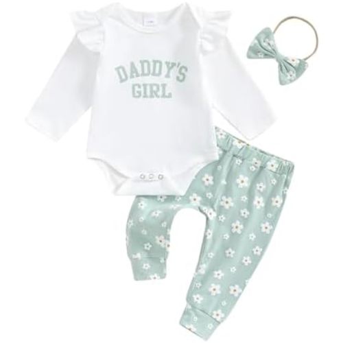 Muasaaluxi Newborn Baby Girl Clothes Ruffle Long Sleeve ''Daddys Girl'' Romper Onesie Daisy Long Pants Headband Fall Outfit