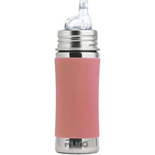 Pura Kiki 11oz/325ml Stainless Steel Sippy Cup Bottle w/Sleeve, Plastic-Free, MadeSafe Certified, Medical-Grade XL Silicone Sipper Spout Fast Flow for Kids, Toddlers, Babies & Infant - Rose Sleeve