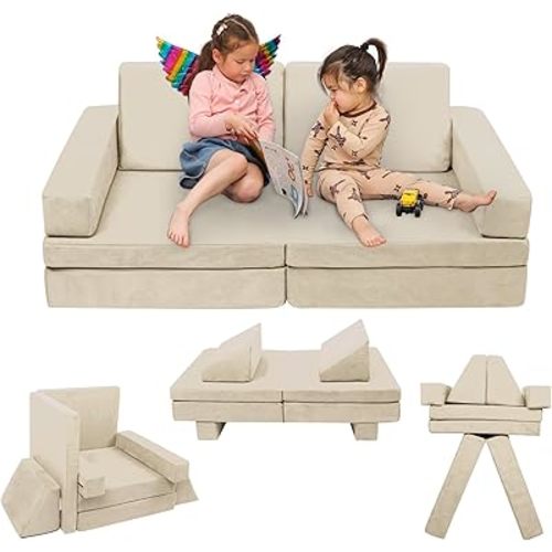 Play Couch Sofa for Kids Medium Size, Modular Kids Play Couch, Kids Couch Building Fort for Playroom, Children Convertible Foam Cushion for Boys and Girls (Square Armrest, Beige)