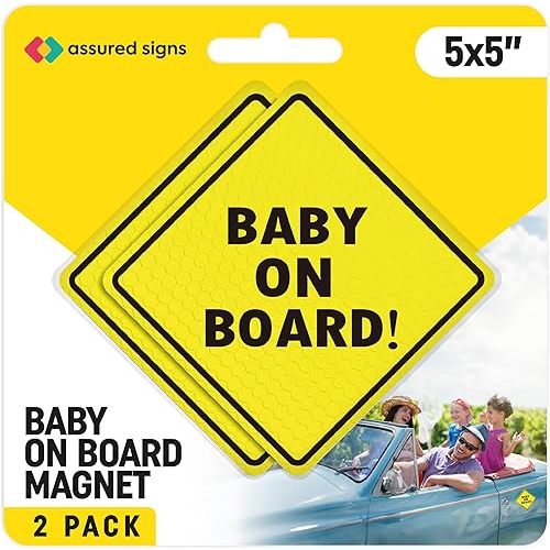 ASSURED SIGNS Baby On Board MAGNET for Car - 2 Pack, 5" by 5" - Essential Magnetic Sticker Sign for Bumper - Bright Yellow and Reflective - Best Safety Sign Accessories for Cars
