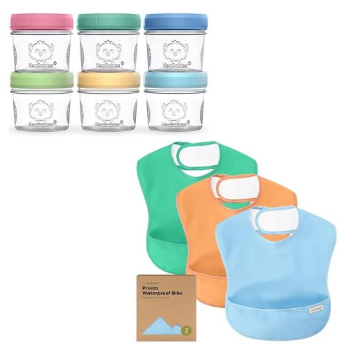 KeaBabies 6-Pack Glass Baby Food Containers & 3-Pack Waterproof Baby Bibs for Eating - 4 oz Leak-Proof, Microwavable, Glass Baby Food Jars - Lightweight Toddler Bibs, Mess Proof Baby Bib, Waterproof