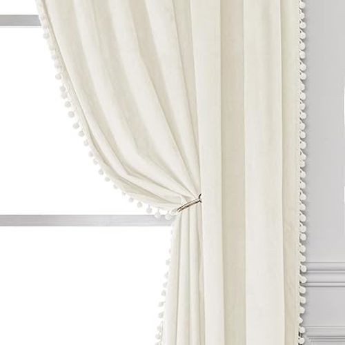 Victree Pom Pom Velvet Curtains for Bedroom, Blackout Curtains 52 x 108 inch Length - Room Darkening Sun Light Blocking Rod Pocket Window Drapes for Living Room, 2 Panels, Cream