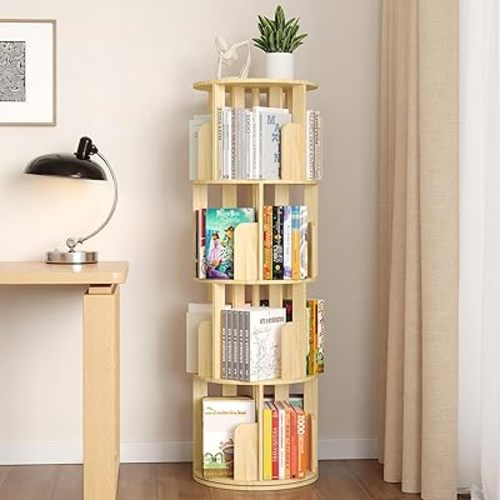 YGYQZ Rotating Bookshelf, 2-5 Tier Floor Standing Bookcase Wood for Kids & Adult360 Display Narrow Book Shelf Organizer Storage Rack for Bedroom, Living Room, Study Room (4 Tier-Wood)