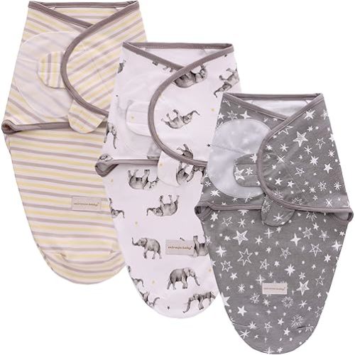 Miracle Baby 3-Pack Baby Swaddle Sleep Sacks 100% Cotton Newborn Baby Swaddles 0-6 Months Baby Swaddle Blanket Wrap (Elephant + Star + Yellow Stripe, 3-6 Months)