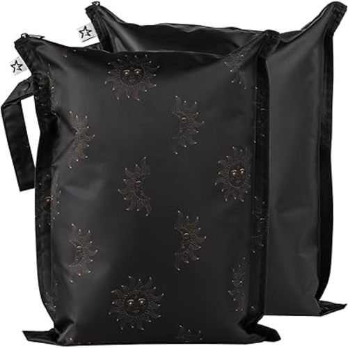 Tiny Twinkle Mess-proof Wet Bags 2 Pack Waterproof and Washable Bag for Travel storage, Stroller, Daycare, Baby Diapers, Yoga, Beach, Pool, Wet Toddler Swimsuits (Midnight)