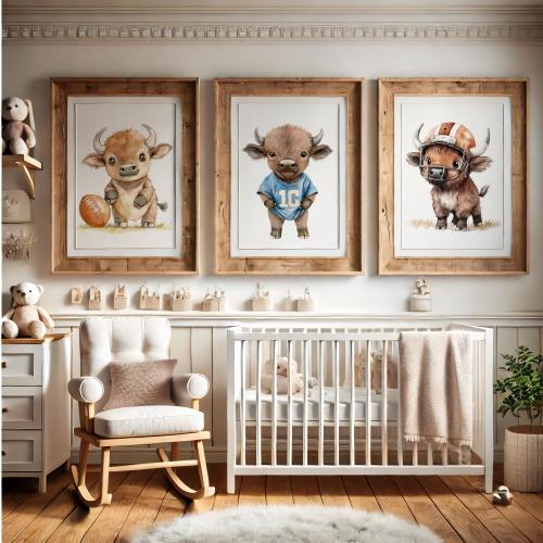 Cute Nursery football art set of 3, Baby buffalo football players, Nursery football decor, Baby shower gift, Kids room wall art decor