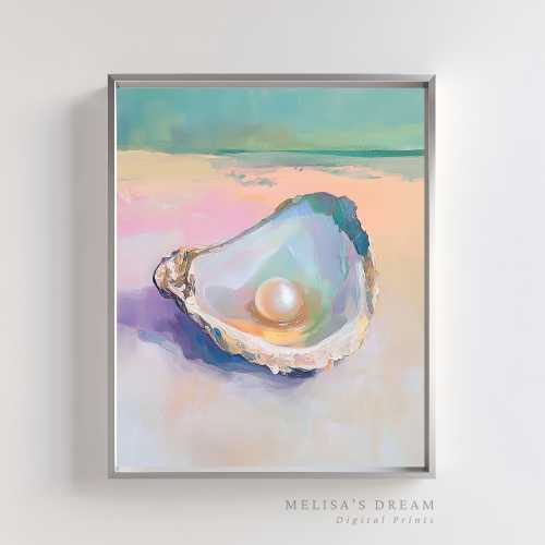 Oyster Shell Art Print - Pearl in Shell Artwork - Pastel Coastal Beach Wall Decor - Seaside Home Printable - Ocean Inspired Art