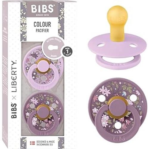 BIBS Liberty Pacifier | 2 Colour Natural Rubber Latex Soothers | BPA Free Dummy Pacifier | Round Nipple | Designed & Made in Denmark | Chamomile Lawn Violet Sky