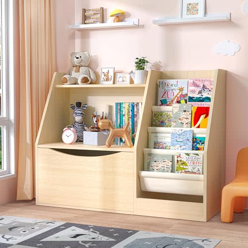 TOETOL 2 Tier Kids Bookshelf and Book Storage，4 Sling Toddler Bookshelf, Storage Boxes Book Shelf & Organizer for Nursery Playroom Classroom Library Bedroom Natural Wood