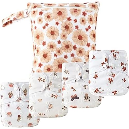 9 Sets Newborn Baby Cloth Pocket Diapers One Size Adjustable Reusable for Baby Boys and Girls(6-33 pounds,0-3 Years),One Wet Bag+4Diapers and 4Inserts