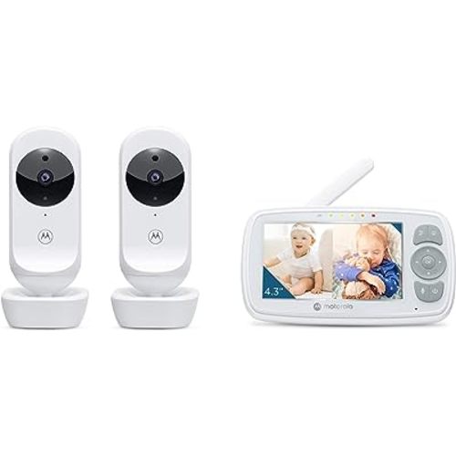 Motorola VM34 Video Baby Monitor W/2 Cameras, 1000ft Range no WiFi 2.4 GHz Wireless, 4.3" Split Screen, Two-Way Audio, Manual Pan/Tilt, Digital Zoom, Room Temp Sensor, Lullabies, Night Vision