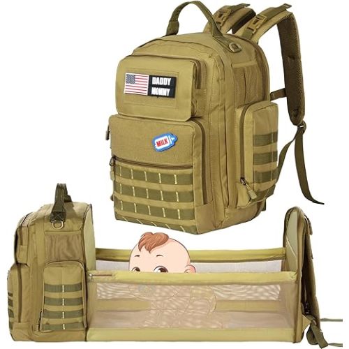 MABOZOO Diaper Bag Backpack for Dad with Changing Station, Expandable Brown Military Diaper Bag Backpack with Waterproof Changing Pad,Large Tactical Mens Baby Bag,Unisex Molle Style Baby Backpack Bag