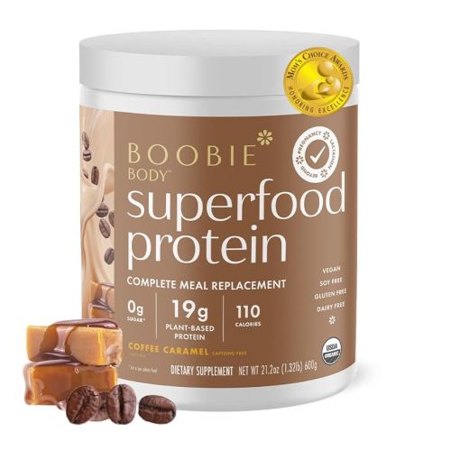 Boobie Body Superfood Protein Meal Replacement Shake, Coffee Caramel Flavor | 19g Protein | Safe for Prenatal, Pregnancy, Lactation, & Motherhood | Organic, Vegan, Zero Sugar, 1 Tub (20 Servings)