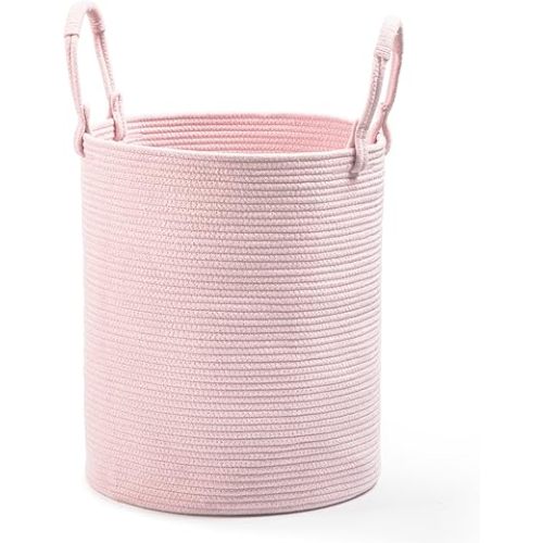 Kodomoore Laundry Basket Hamper – Woven Cotton Rope Nursery Hamper for Clothes, Blankets, Yoga Mat – Boho Basket for Living Room – 15”D x 18”H – Light Pink