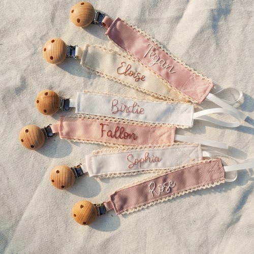 Personalized pacifier clip holder, Personalized fabric pacifier clip with wooden clip,hand embroiered name,baby shower gift