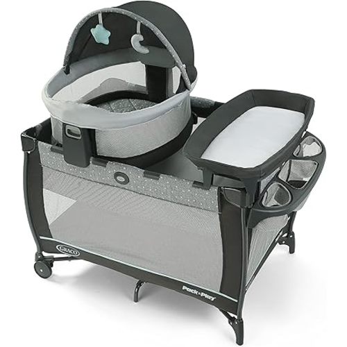 Graco Pack n Play Travel Dome DLX Playard, Astin with Portable Bassinet and Integrated Storage Organizer