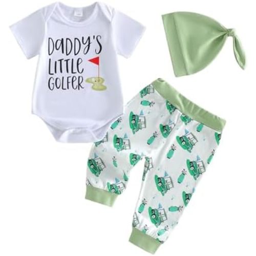 Baby Boy Golf Outfit Daddy's Little Golfer Crewneck Short Sleeve Romper Golf Cart Pants Set Infant Summer Clothes Hat