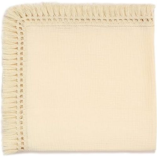 insular Cotton Muslin Baby Blanket with Tassel, Boho Bohemian Muslin Swaddle Blanket Baby Receiving Blanket with Fringe, Nursery Decor Throw or Nursing Blankets, 47" x40”, Beige