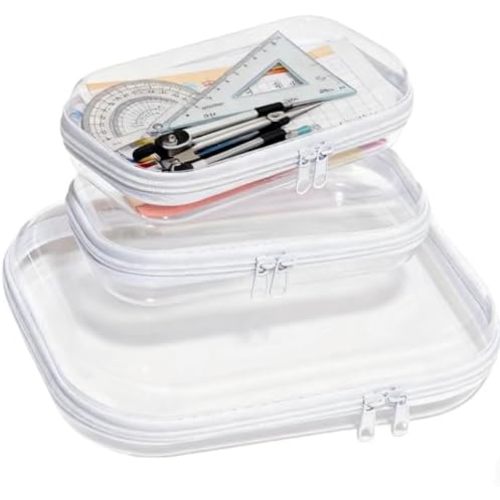 3PCS Clear Hard Plastic Zipper Case, Double Zippers Hard Pouch, Portable Travel Organizer Bin Clear Makeup Bag for Toy Storage, Snack Bag, Cosmetics, Pencil Case, Diaper Bag, Toiletry Bag (1M+2S)