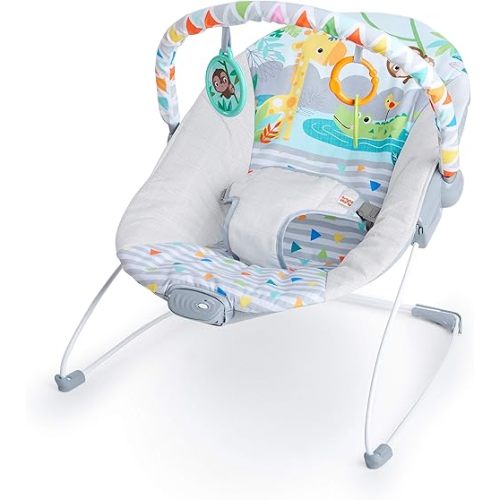 Bright Starts Baby Bouncer Soothing Vibrations Infant Seat - Removable -Toy Bar, Nonslip Feet, 0-6 Months Up to 20 lbs (Safari Fun)