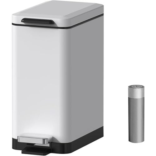 Mbillion Step Trash Can 10 Liter 2.6 Gallon Slim Design Step-On Trash Can with Strong Pedal, Stainless Steel Rectangular Garbage Can, White (MB 8877)