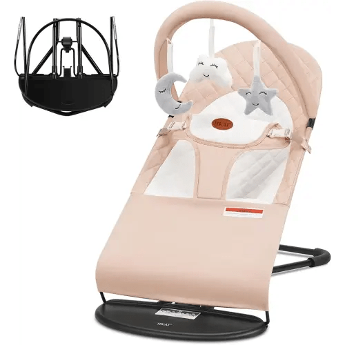 HKAI Baby Bouncer, Portable Baby Bouncer Seat for Babies 0-18 Months, 100% Cotton Fabrics, 3 Modes of use with Rocker and Stationary Options, Infant Rocker Chair with Hanging Toys-Organic Oat
