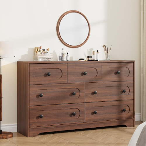 Spacious Mid-Century Modern Wooden Dresser - 7 Deep Storage Drawers, 55" Wide Chest with Metal Knobs, Bedroom Organizer Cabinet - Ideal for Bedroom, Living Room, Nursery, Entryway