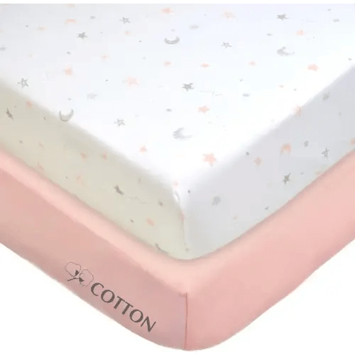 American Baby Company 2 Pack 100% Natural Cotton Fitted Crib Sheets 52" x 28" - Soft, Breathable, Hypoallergenic & Gentle Toddler Bed Sheets, Pink Stars and Blush, Neutral for Boys & Girls
