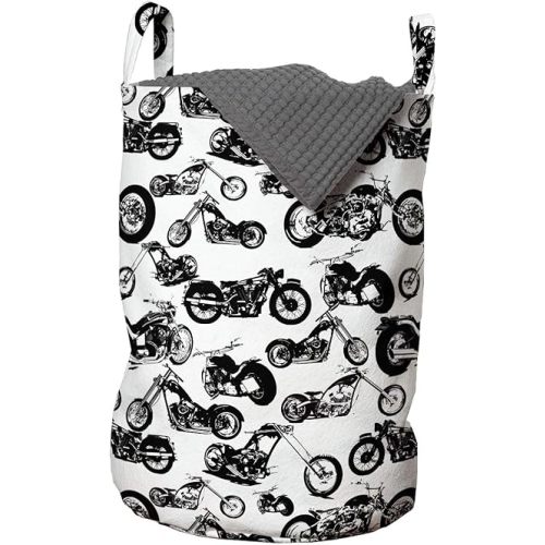 Ambesonne Motorcycle Laundry Bag, Retro Chopper Pattern Monochrome Motorbike Design Adventure Cruising Theme, Hamper Basket with Handles Drawstring Closure for Laundromats, 13" x 19", Black White