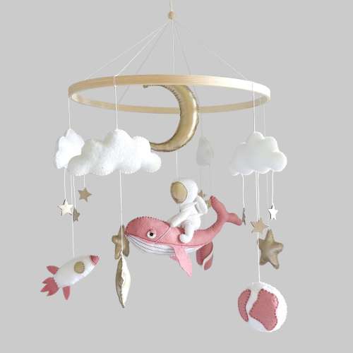 Space baby mobile, nursery decoration with whale, astronaut, planet, moon and stars mobile, baby shower gift neutral