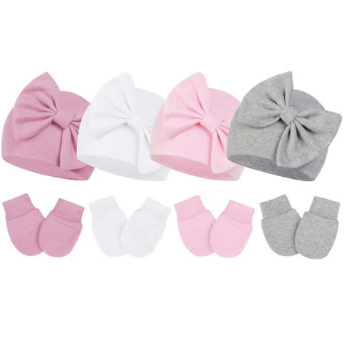 American Trends Newborn Hats and Mittens Baby Beanies for Baby Boys and Girls Soft Infant Hats with Bow White & Pink & Gray & Dark Pink for 0-3 Months