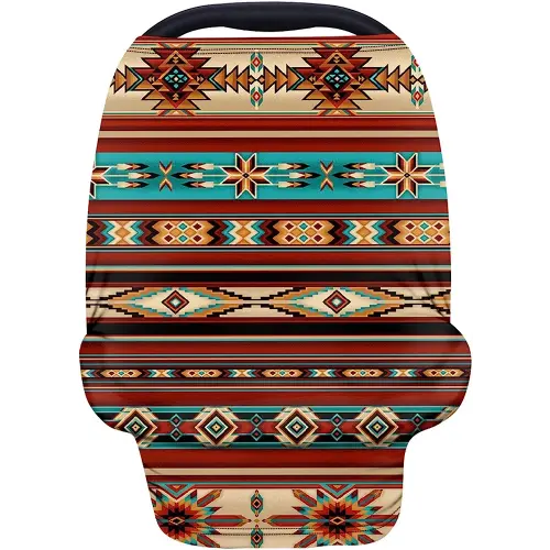 Nativa American Indian Tribal Aztec Stripe Geometry Print Nursing Cover Breastfeeding Scarf Southwest Red Pattern Baby Car Seat Covers, Infant Canopy Stroller Coverage for Girls Boys
