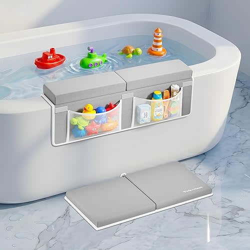 Bath Kneeler and Elbow Rest Pad Set-Baby Bath Kneeler with 1.5'' Comfortable Thick Memory Foam Cushion, Non-Slip Knee & Arm Support for Baby Bath Time,Foldable Bath Mat for Baby with Storage Pockets