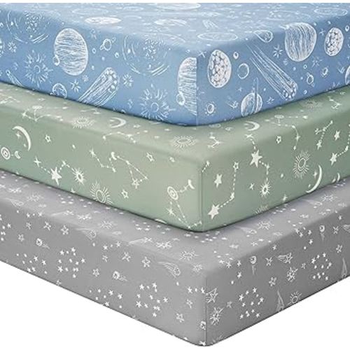 Baby Crib Sheets for Boys Girls, Fitted Crib Sheet Neutral 3 Pack for Standard Crib and Toddler Mattress, Breathable Soft Microfiber Baby Sheet 28x52x8in Green Gray Constellation