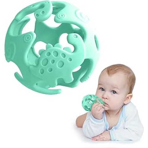 Dinosaur Baby Teething Toys, Food-Grade Silicone Teethers for Babies 0-18 Months, Textured Sensory Balls Teething Toy, Soft and Safe Sensory Chew Toys for Teething Baby Easy to Clean Green - Ashtonbee