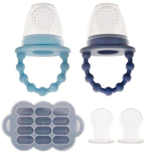 Weesprout Silicone Baby Food Feeders + Freezer Tray For Batch Prep - Set Of 2 (matte Blue/green) + Matte Green Tray