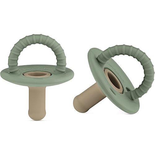 Lulubabe Halo Teething Pacifier with Standard Hospital Nipple - Set of Soft Silicone Two Tone Paci for Infants Baby's and Toddlers (Stage 2, Sage + Khaki)