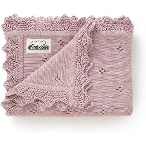 mimixiong Cotton Baby Blanket Knitted Crochet Receiving Crib Nursery Swaddling Blankets for Newborn Baby Boy Girl with The Bunny Rattle (Dreamy Lilac)
